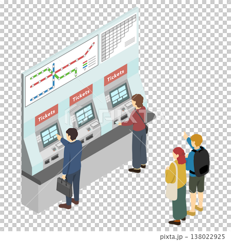 アイソメトリックイラスト：駅の券売機でチケットを買う人々 138022925
