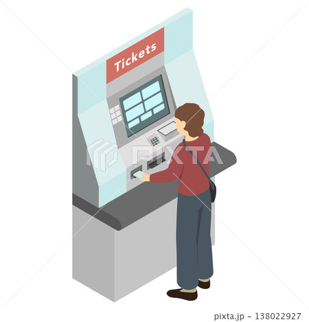 アイソメトリックイラスト：駅の券売機でチケットを買う女性 138022927