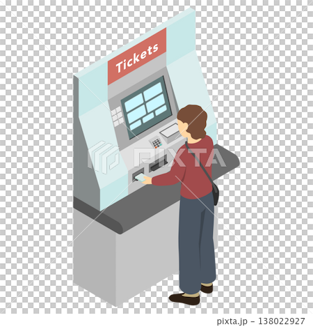 アイソメトリックイラスト：駅の券売機でチケットを買う女性 138022927