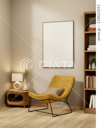 White frame over mustard fabric accent chair and table with bookshelf on wooden floor in modern room White frame over mustard fabric accent chair and table with bookshelf on wooden floor in modern room 138022951