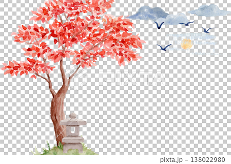 Asian landscape with red maple tree, stone lantern, sun, clouds and birds. Watercolor illustration inspired by Japanese zen garden nature, calm oriental scene with copy space for spa, wellness design Asian landscape with red maple tree, stone lantern, sun, clouds and birds. Watercolor illustration inspired by Japanese zen garden nature, calm oriental scene with copy space for spa, wellness design 138022980