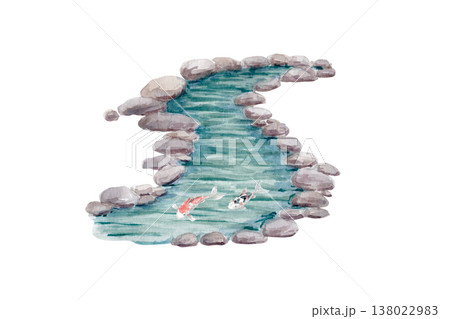 Mountain stream with stones and clear water, koi fish swimming in tranquil spring. Watercolor landscape illustration isolated on white, nature element for zen themes, spa design, peaceful backgrounds Mountain stream with stones and clear water, koi fish swimming in tranquil spring. Watercolor landscape illustration isolated on white, nature element for zen themes, spa design, peaceful backgrounds 138022983