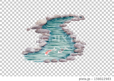 Mountain stream with stones and clear water, koi fish swimming in tranquil spring. Watercolor landscape illustration isolated on white, nature element for zen themes, spa design, peaceful backgrounds Mountain stream with stones and clear water, koi fish swimming in tranquil spring. Watercolor landscape illustration isolated on white, nature element for zen themes, spa design, peaceful backgrounds 138022983