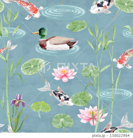 Seamless watercolor pattern with koi fish, duck, lotus flowers, bamboo, lily pads on blue pond background. Asian zen garden inspired design for textile, wallpaper, wrapping paper, stationery, pattern Seamless watercolor pattern with koi fish, duck, lotus flowers, bamboo, lily pads on blue pond background. Asian zen garden inspired design for textile, wallpaper, wrapping paper, stationery, pattern 138022984