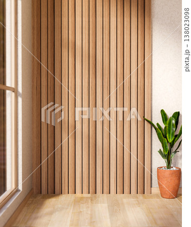 Potted plant on wooden parquet floor and slat wall with sunlight shine through window in room corner 138023098