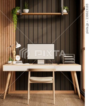Computer with lamp, clock and stationery on table and chair aside slats wall in wooden style room 138023103