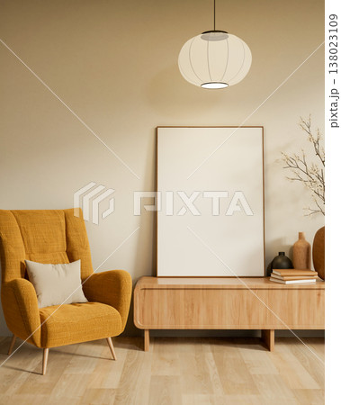 Mustard fabric sofa chair and white frame on table over wooden floor with round lamp in living room. Mustard fabric sofa chair and white frame on table over wooden floor with round lamp in living room. 138023109