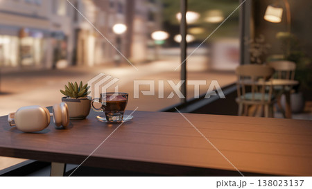 Headphones and coffee cup aside succulent on wooden table in dim lit cafe with city over glass wall. Headphones and coffee cup aside succulent on wooden table in dim lit cafe with city over glass wall. 138023137