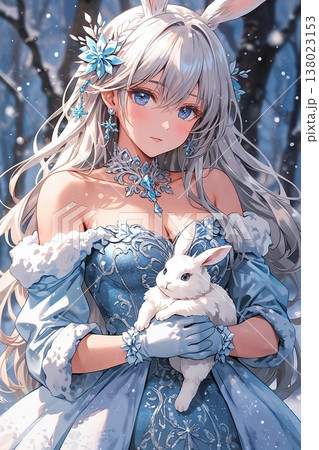 ウサギを抱いたウサ耳ドレスの可愛いお姫様 138023153