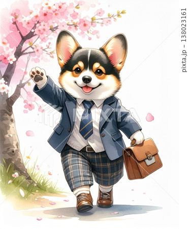 桜の木の下で元気に歩くブラックタンのコーギーの新生活応援イラスト5／チラシやポスター用素材 138023161