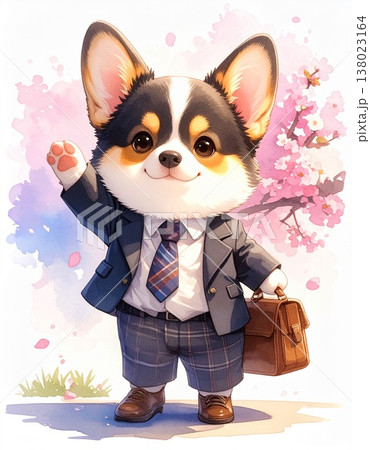 桜の木の下で元気に歩くブラックタンのコーギーの新生活応援イラスト2／チラシやポスター用素材 138023164