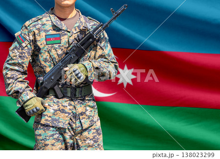 Azerbaijan flag with soldier holding assault rifle 138023299