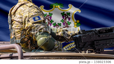 Connecticut US state flag with soldier at machinegun turret 138023306