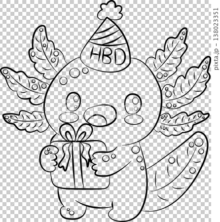 Kawaii Axolotl with Present and Birthday Hat Outline 138023351