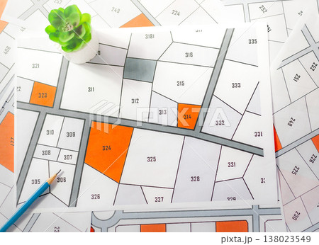 imaginary cadastral map search for assess to buy the land concept. Land management concept with an imaginary cadastral map of territory with a vacant land available for sale or building construction. imaginary cadastral map search for assess to buy the land concept. Land management concept with an imaginary cadastral map of territory with a vacant land available for sale or building construction. 138023549