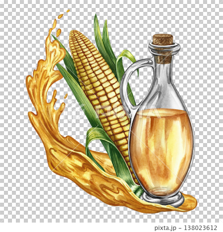 Corn oil. Hand-drawn watercolor illustration. Whole corn cob, oil bottle, and oil splash. Perfect for labels and packaging, as well as menus, banners, posters, and more. Corn oil. Hand-drawn watercolor illustration. Whole corn cob, oil bottle, and oil splash. Perfect for labels and packaging, as well as menus, banners, posters, and more. 138023612