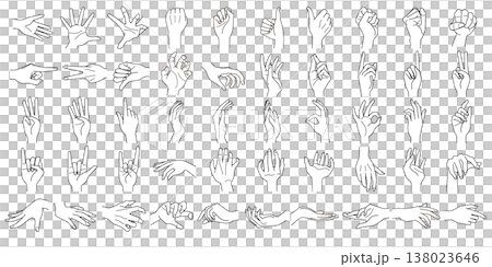 50 Different Hand Expressions: Monochrome Line Drawing Vector Illustration Set 138023646