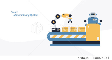 Flat style illustration of a robot and robotic arm operating an automated conveyor belt with boxes, representing smart manufacturing system, industrial automation and AI technology concept. Flat style illustration of a robot and robotic arm operating an automated conveyor belt with boxes, representing smart manufacturing system, industrial automation and AI technology concept. 138024031