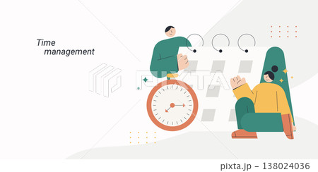 Flat style illustration of two diverse person interacting with a large clock and calendar grid, representing time management, scheduling, planning and productivity concept. 138024036