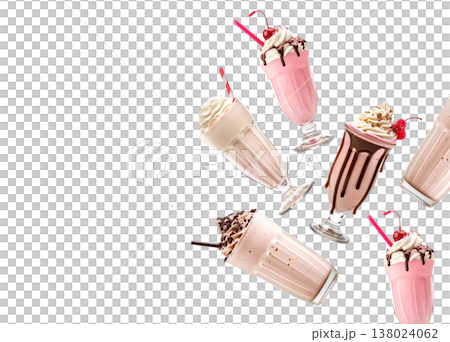 Multiple milkshakes with whipped cream shown isolated on white background, concept of sweet dessert treats Multiple milkshakes with whipped cream shown isolated on white background, concept of sweet dessert treats 138024062