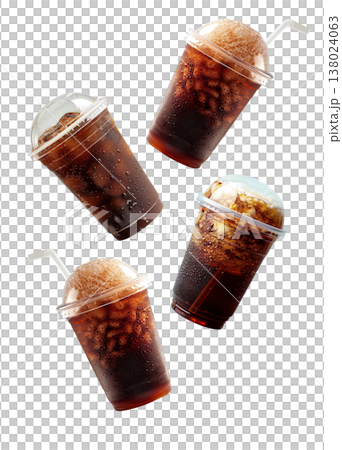 Various iced coffee drinks in jars and glasses isolated on white background showing refreshing beverage concept 138024063