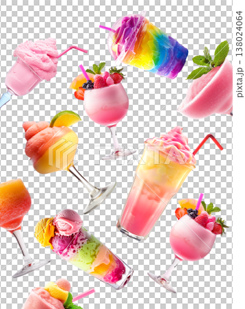 Assorted vibrant frozen beverages sherbet and ice cream isolated on white background, expressing summer refreshment concept 138024064