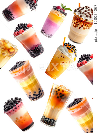 Various colorful bubble tea drinks shown isolated on white background, concept of freshness and sweet beverages 138024067