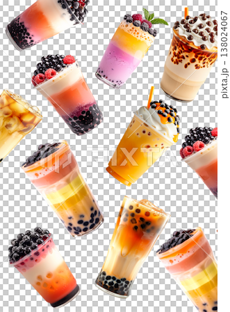 Various colorful bubble tea drinks shown isolated on white background, concept of freshness and sweet beverages 138024067