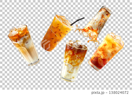 Iced Thai coffee drinks with swirling milk isolated on white background, concept of freshness 138024072