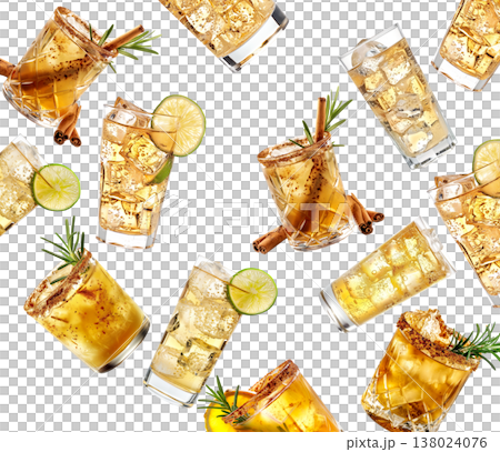Ginger beer cocktail garnished with rosemary and chili powder in a glass isolated on white transparent background 138024076