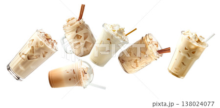 Multiple iced coffee beverages with cream or horchata isolated on white background, concept of refreshing cold drinks Multiple iced coffee beverages with cream or horchata isolated on white background, concept of refreshing cold drinks 138024077