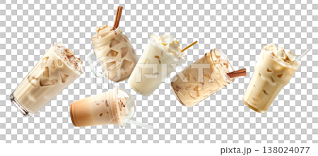 Multiple iced coffee beverages with cream or horchata isolated on white background, concept of refreshing cold drinks Multiple iced coffee beverages with cream or horchata isolated on white background, concept of refreshing cold drinks 138024077