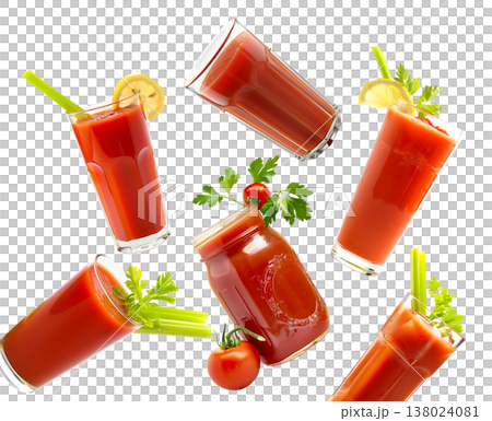 Multiple tomato juice glasses with celery and herbs isolated on white background, concept of freshness 138024081