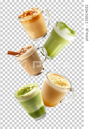 Various latte and matcha beverages arranged in scattered style isolated on white background, concept refreshment drinks Various latte and matcha beverages arranged in scattered style isolated on white background, concept refreshment drinks 138024082