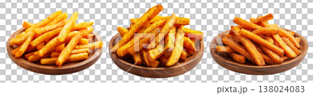 Set of Kumara sweet potato fries with black pepper and herbs on wooden plate, on white, concept of New Zealand fast food snack Set of Kumara sweet potato fries with black pepper and herbs on wooden plate, on white, concept of New Zealand fast food snack 138024083