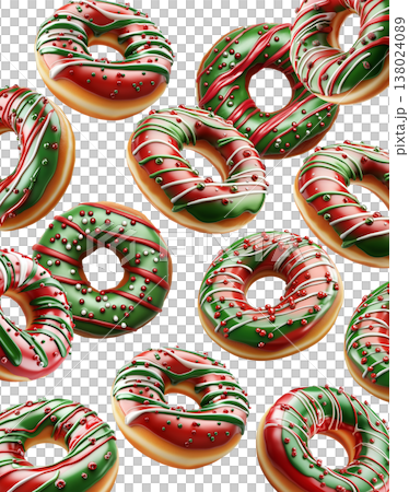 Festive donuts with red and green icing, decorated with sprinkles, seamless pattern style isolated on white background Festive donuts with red and green icing, decorated with sprinkles, seamless pattern style isolated on white background 138024089