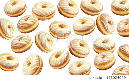 Delicious glazed donuts with white icing stripes scattered in pattern, isolated on white background, concept of dessert variety Delicious glazed donuts with white icing stripes scattered in pattern, isolated on white background, concept of dessert variety 138024090