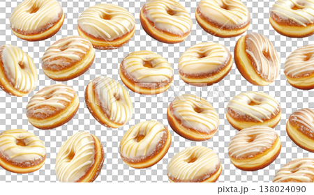 Delicious glazed donuts with white icing stripes scattered in pattern, isolated on white background, concept of dessert variety Delicious glazed donuts with white icing stripes scattered in pattern, isolated on white background, concept of dessert variety 138024090