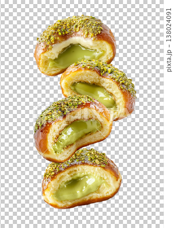Multiple pistachio glazed donuts with crushed nuts isolated on a white background, concept of sweet bakery treats 138024091