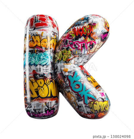 Inflatable letter K covered in graffiti art isolated on white background, representing urban creativity and bold street concept 138024098