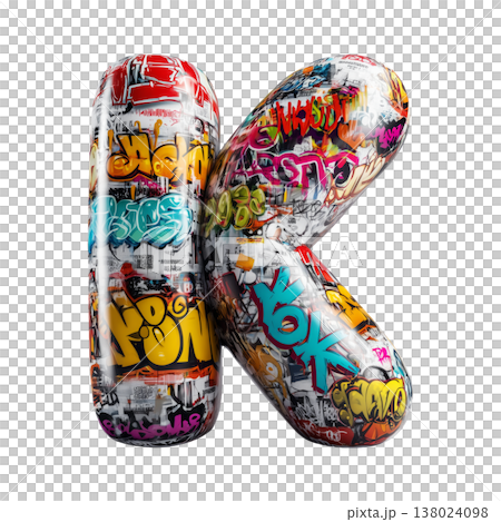 Inflatable letter K covered in graffiti art isolated on white background, representing urban creativity and bold street concept 138024098