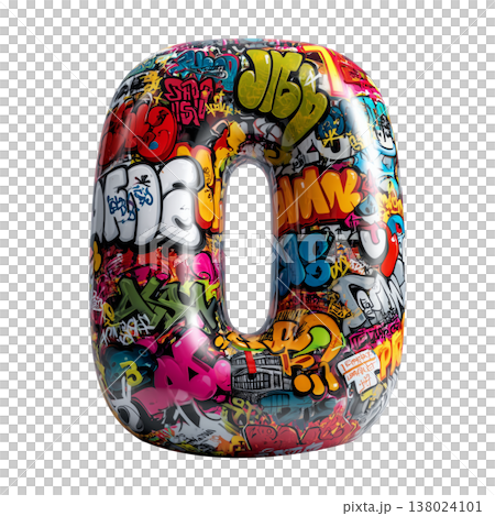 Inflatable letter O covered in graffiti art isolated on white background, representing urban creativity and bold street concept 138024101