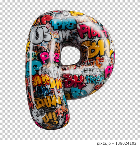 Inflatable letter P covered in graffiti art isolated on white background, representing urban creativity and bold street concept 138024102
