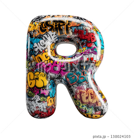 Inflatable letter R covered in graffiti art isolated on white background, representing urban creativity and bold street concept 138024103