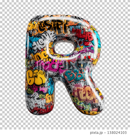 Inflatable letter R covered in graffiti art isolated on white background, representing urban creativity and bold street concept 138024103