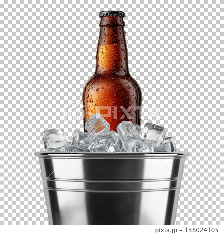 Set of cold beer bottles in a shiny metal bucket with ice cubes isolated on white background, concept refreshment Set of cold beer bottles in a shiny metal bucket with ice cubes isolated on white background, concept refreshment 138024105