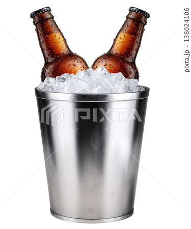 Set of cold beer bottles in a shiny metal bucket with ice cubes isolated on white background, concept refreshment 138024106