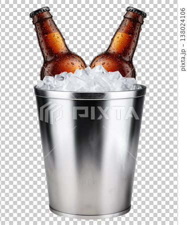 Set of cold beer bottles in a shiny metal bucket with ice cubes isolated on white background, concept refreshment Set of cold beer bottles in a shiny metal bucket with ice cubes isolated on white background, concept refreshment 138024106