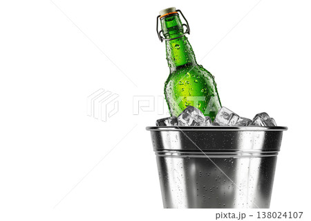 Set of cold beer bottles in a shiny metal bucket with ice cubes isolated on white background, concept refreshment Set of cold beer bottles in a shiny metal bucket with ice cubes isolated on white background, concept refreshment 138024107