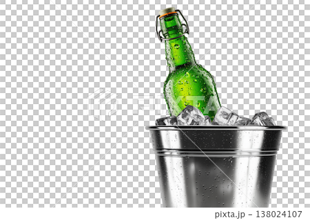 Set of cold beer bottles in a shiny metal bucket with ice cubes isolated on white background, concept refreshment Set of cold beer bottles in a shiny metal bucket with ice cubes isolated on white background, concept refreshment 138024107